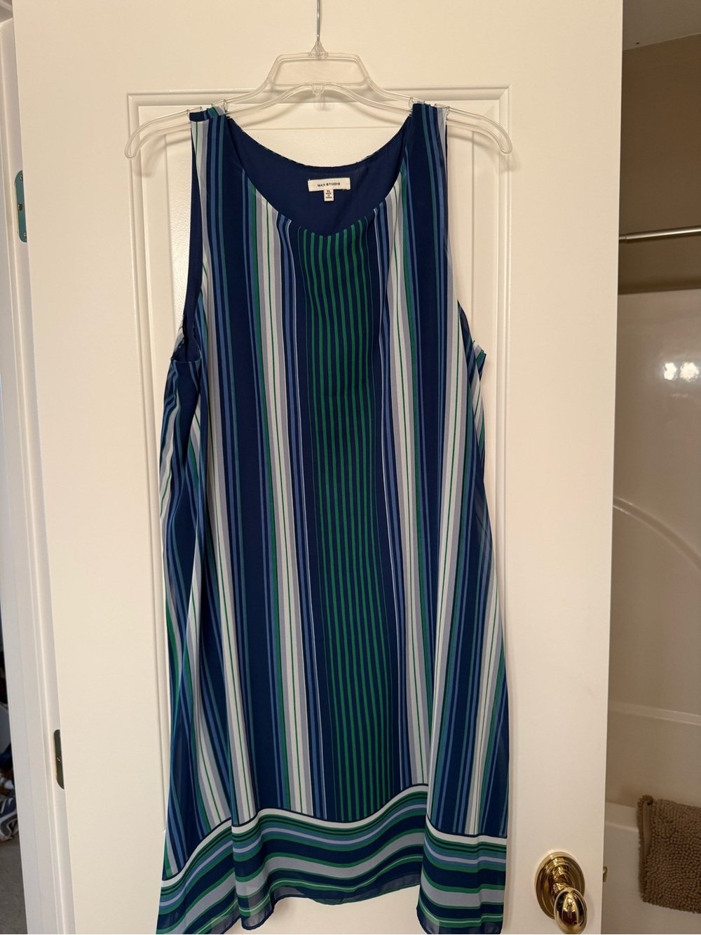 Max Studio Navy, Green & White Striped Sleeveless Shift Dress